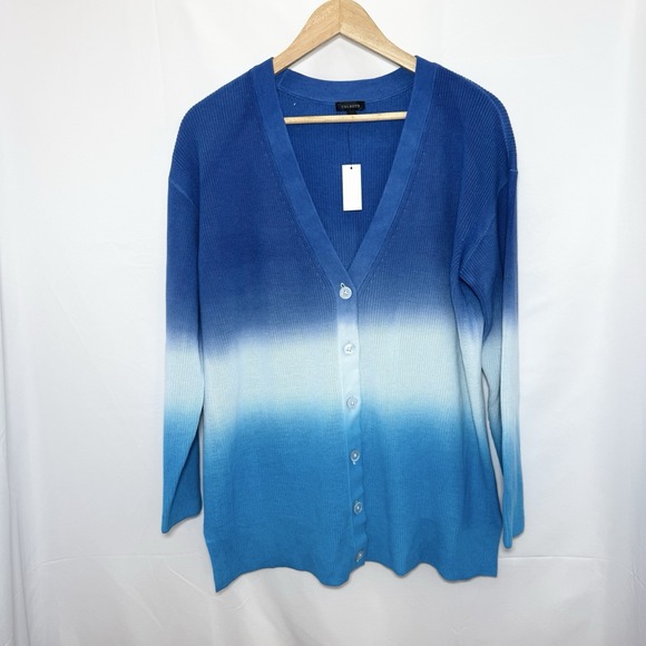 TALBOTS Blue Dip Dye Ombre Button Front Girlfriend Cardigan Sweater L Cotton NWT - Picture 1 of 8
